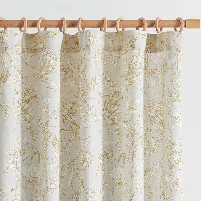 jinchan Floral Curtains 96 Inches Long Mustard Yellow Flower Linen Farmhouse Curtain for Living Room French Country Vintage Curtain Rod Pocket Curtains Set 2 Panels Floral Printed