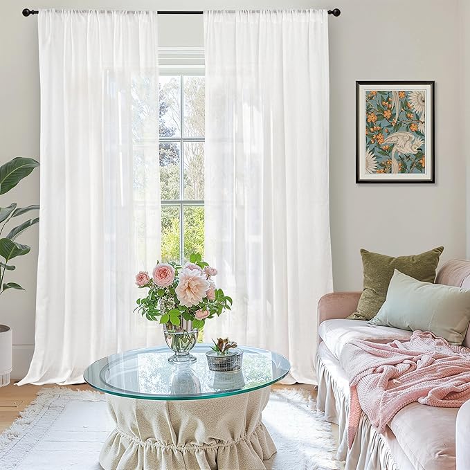 Curtain Panels, White Linen Blend Light-Filtering, 2 Panels 102 Inch Long