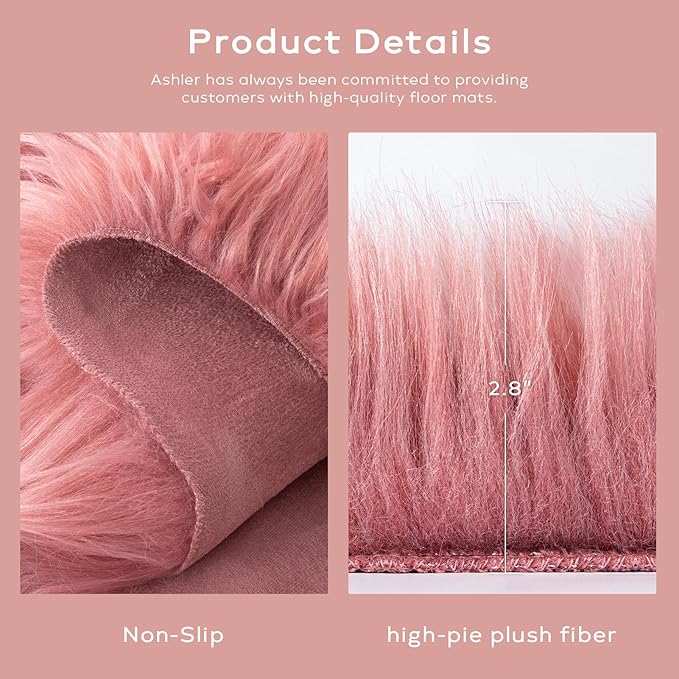 Ashler Faux Fur Area Rug - Ultra Soft 3 x 5 Feet Sheepskin, Fluffy Shaggy Blush Pink, Machine Washable - Nursery Decor Throw for Bedroom, Living Room, Kids Room