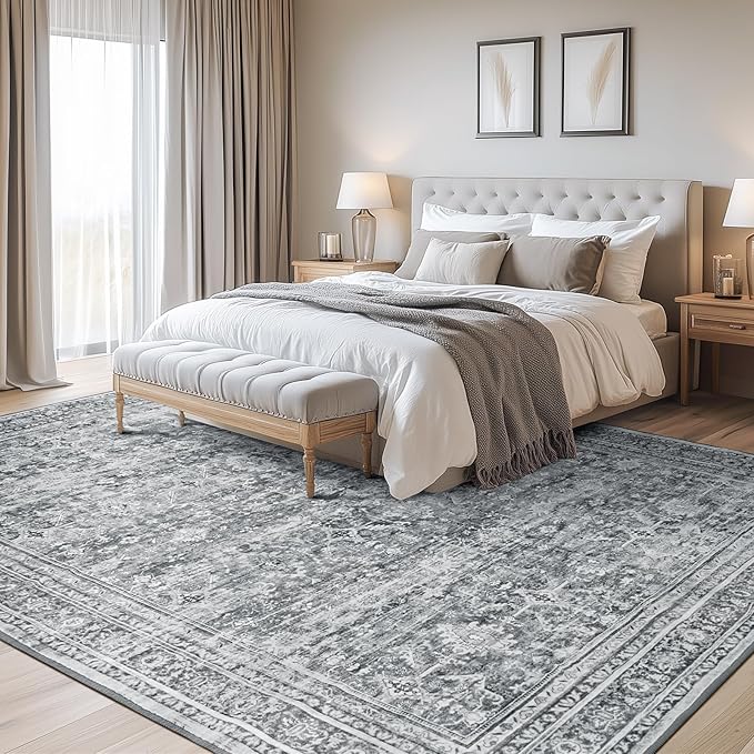 Lofus 9x12 Area Rug for Living Room,Grey Washable Large Rugs with Non-Slip Backing,Soft Neutral Carpets for Bedroom Dining Room Home Office Indoor Nursery