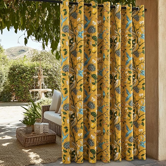 Topfinel Sliding Door Patio Floral Curtains & Drapes, Blackout Extra Wide Room Divider Large Mustard Yellow Vintage Farmhouse Country Hummingbird Patterned Grommet Curtains 1 Single Panels W100 x L84