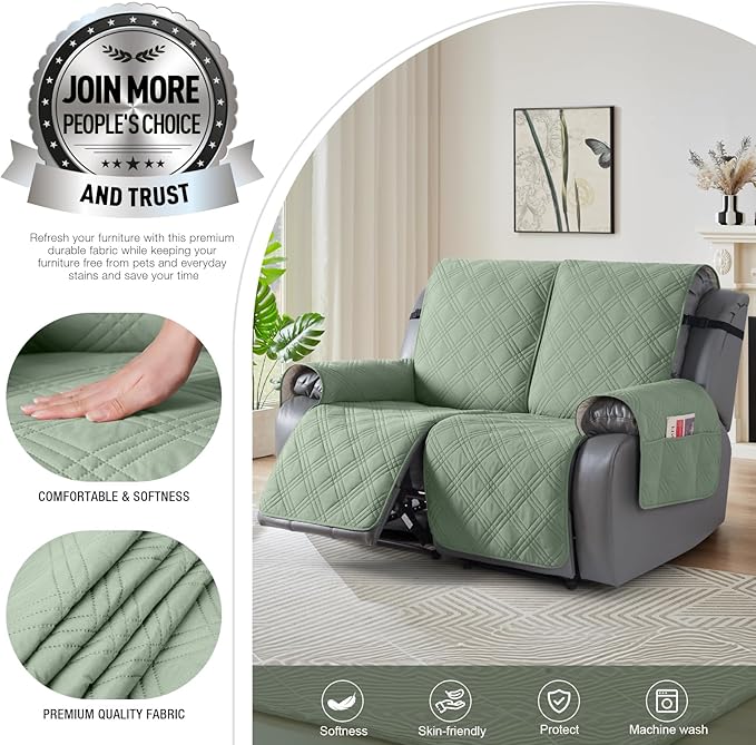 TAOCOCO 100% Waterproof Loveseat Recliner Covers 2 Seater, Split Loveseat Covers for Reclining loveseat, Non Slip Reclining Couch Cover with Double Straps for Kids, Pets(2 Seater, Sage Green)
