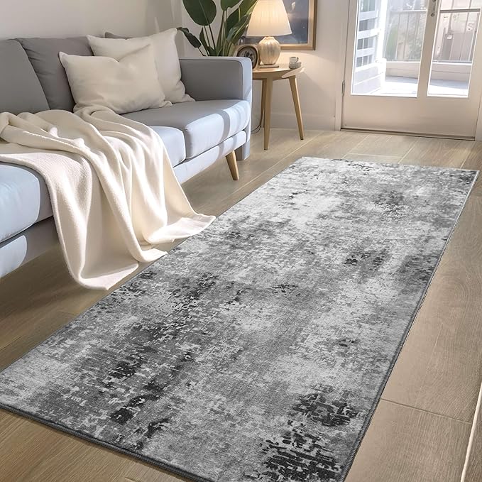 Ompaa Runner Rug for Hallways Kitchen Runner Rug Non Slip 2'6''x8' Washable Grey Long Runner Rugs with Rubber Backing Soft Abstract Carpet Runner for Entryway, Kitchen, Bedroom, Bathroom