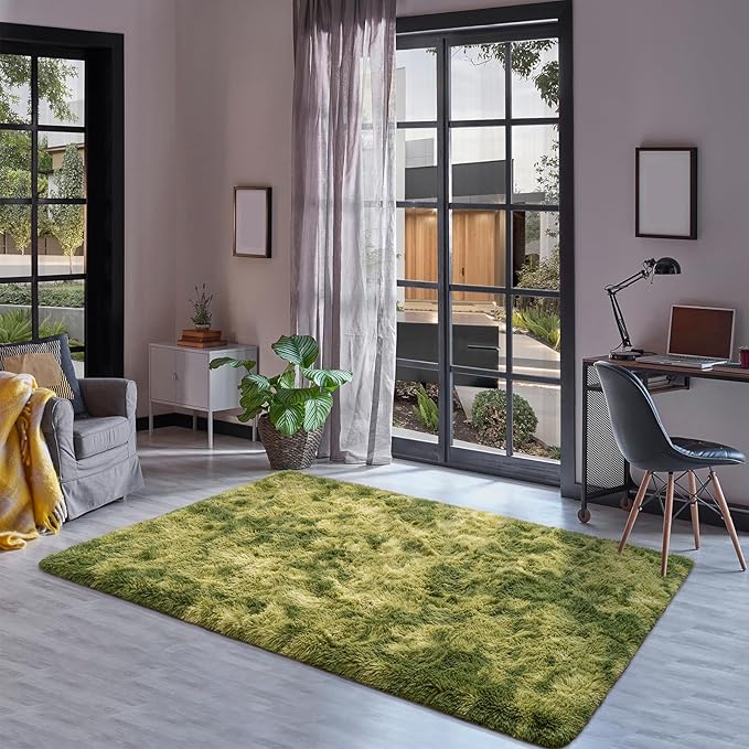 Goideal Fluffy Rug for Bedroom Living Room, 4x6 Green Area Rugs, Faux Fur Shag Modern Carpet Ultra Soft Girls Boys Room Home Decor, Tie-Dyed
