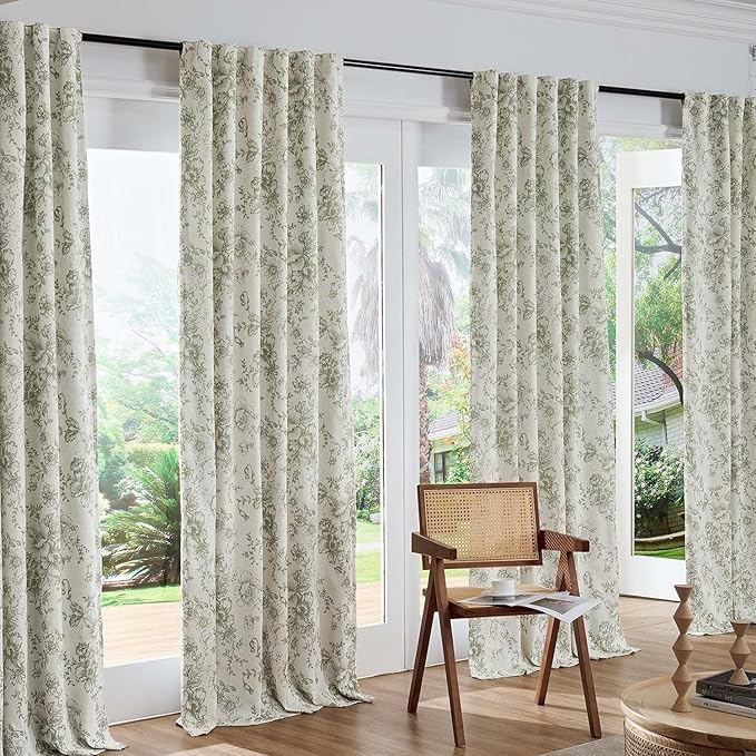 jinchan Blackout Floral Curtains for Living Room Bedroom Linen Blend Curtain Farmhouse Green Printed with Lined Back Tab Rod Pocket Drapes Window Treatments 2 Panels 84 Inch