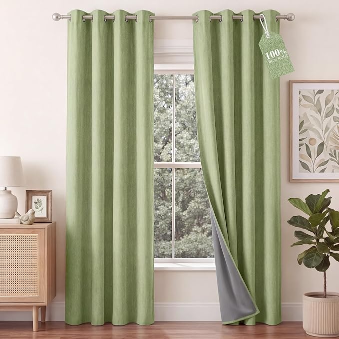NICETOWN 100% Absolutely Blackout Linen Curtains for Bedroom Living Room, Olive Green, 52" Wide, 2 Pieces, Privacy Vertical Thermal Insulated Window Drapes 84 inch Long for Light-Sensitive Sleepers
