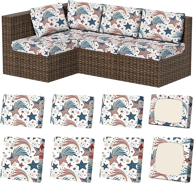 8Pcs Stretch Patio Cushion Covers, Outdoor Couch & Sofa Replacement Slipcovers for Patio Furniture Cushion Covers, Washable Reusable Furniture Protector