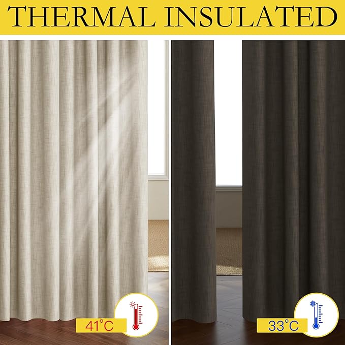 NICETOWN Taupe 100% Blackout Linen Curtains 90 inch Long Burg, Farmhouse Thick Completely Blackout Window Treatment Panels Thermal Insulated Drapes for Living Room (1 Pair, 52" Width Each Panel)