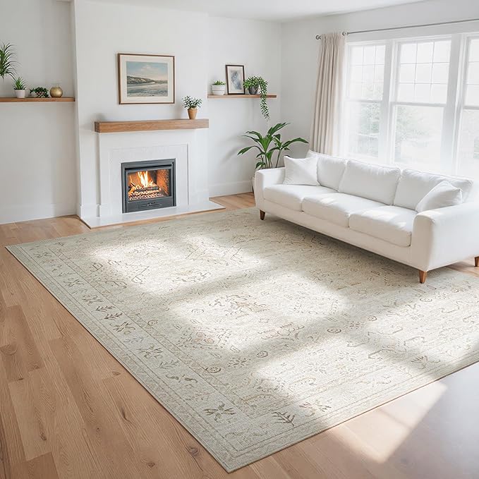 Washable Rugs 8x10 Area Rugs for Living Room-Light Brown Rugs for Bedroom,Dining Room, Large Soft Low Pile Vintage Carpet with Non Slip Rubber Backing,Neutral Accent Rug for Nursery Home Office