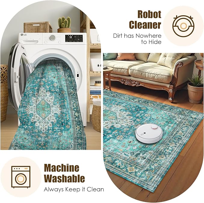 Washable Area Rug 4' x 6' Vintage Traditional Persian Mat - Foldable Distressed Non-Slip Machine Washable Carpet for Living Room Bedroom Kitchen Home Decor - Teal and Gold
