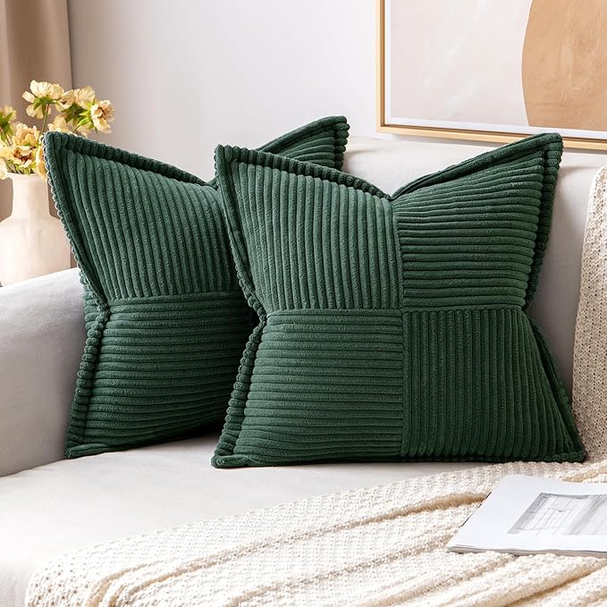 MIULEE Decorative Throw Pillow Covers for Couch Bed Livingroom 20x20 Inch Set of 2 Dark Green Boho Accent Throw Pllows Broadside Striped Patchwork Soft Corduroy Pillowcases