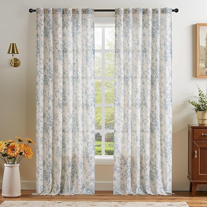 jinchan Linen Blend Curtain Floral Curtains for Living Room 108 Inch Length Blue Printed Curtain Rod Pocket Back Tab Farmhouse Peony Flower Patterned Drapes Bedroom Window Curtains Set 2 Panels