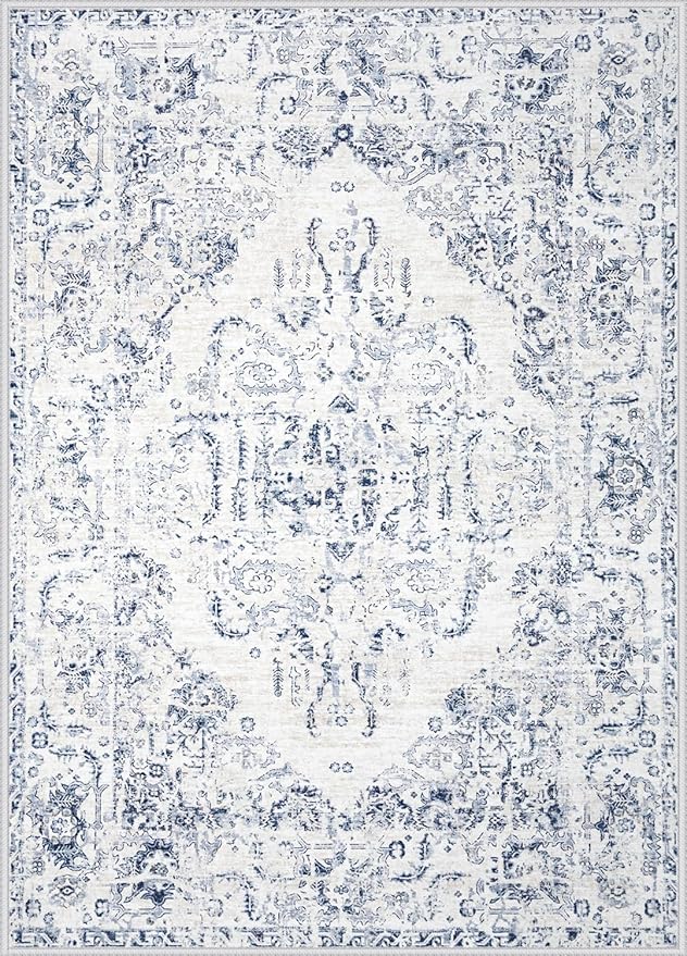 6x9 Area Rugs for Living Room: Washable Rug Vintage Large Rugs Soft Non Slip Low Pile Rug Floral Distressed Floor Carpet for Bedroom Kitchen Nursery Dining Room Home Office (Blue, 6'x9')
