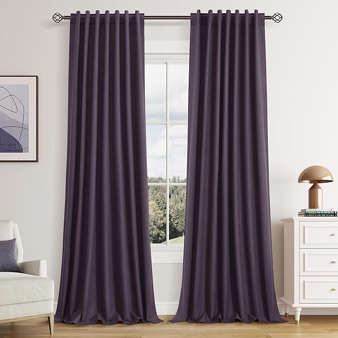 Guken 100% Blackout Curtains 96 Inch Length 2 Panels Set for Living Room Bedroom Back Tab Thermal Insulated Black Out Linen Drapes Room Darkening Window Curtains 96 Inches Long,Plum