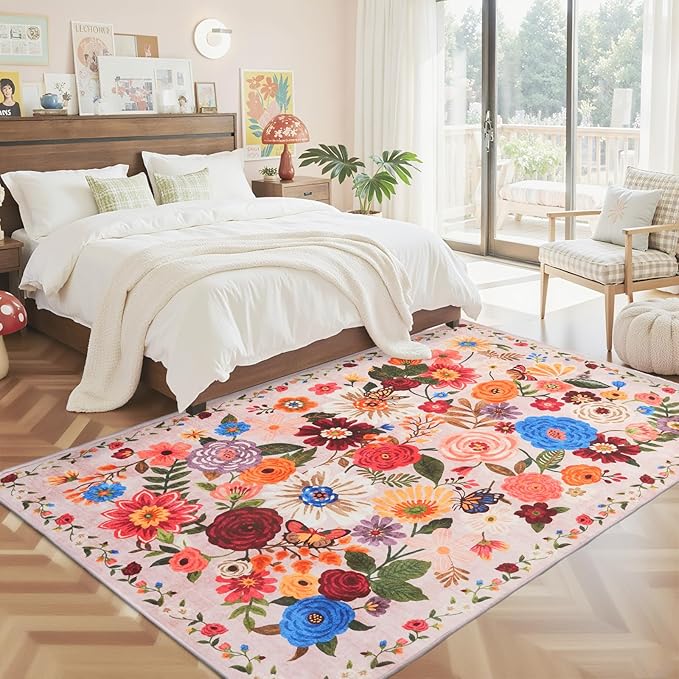Pink/Beige Living Room Rugs, Area Rugs 5x8 Rug for Bedroom Ultra-Thin Soft, Non-Slip Washable Rugs Stain Resistant Boho Rug Low-Pile Throw Rug for ‎Dining Room Office (5 x 8, Beige/Pink)