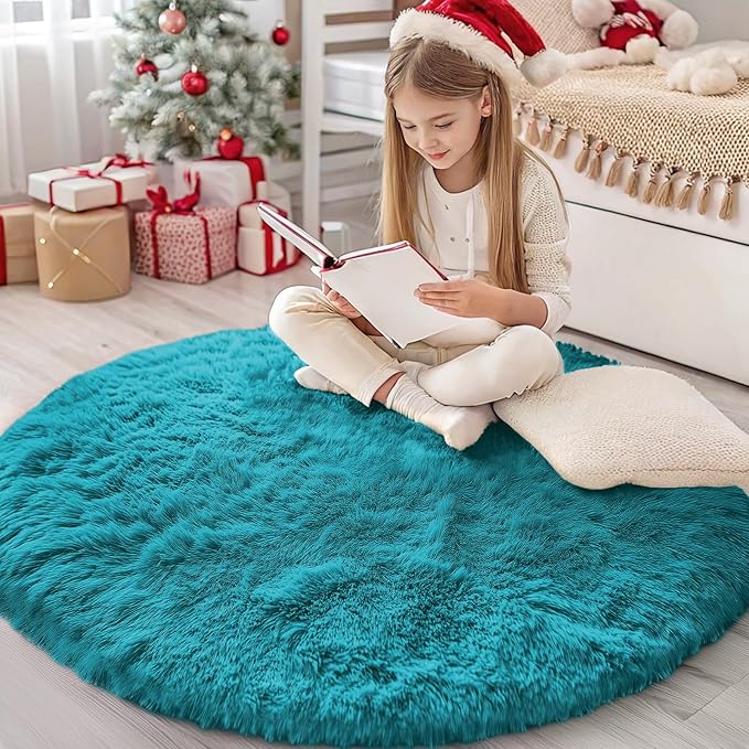 OLANLY Teal Round Rugs for Bedroom - Machine Washable, 4 ft Circle Area Rugs for Living Room, Soft and Fluffy Shaggy Carpet for Teen Girl and Boys, Nursery Rooms, Dorms, Home Decor Aesthetic