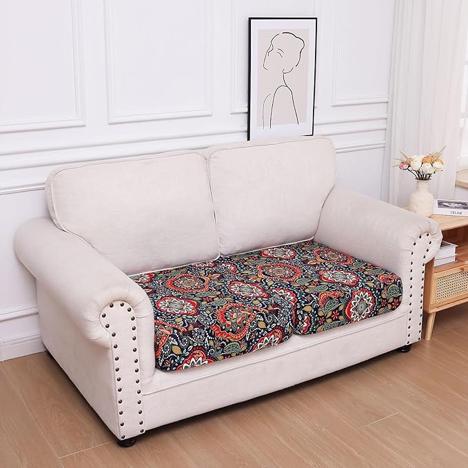 hyha Printed Couch Cushion Covers, Floral Sofa Covers Washable for 2 Cushion Couch, Stretch Pattern Outdoor Cushion Covers for Patio Furniture with Elastic Bottom(2 Packs, Mandala Floral)