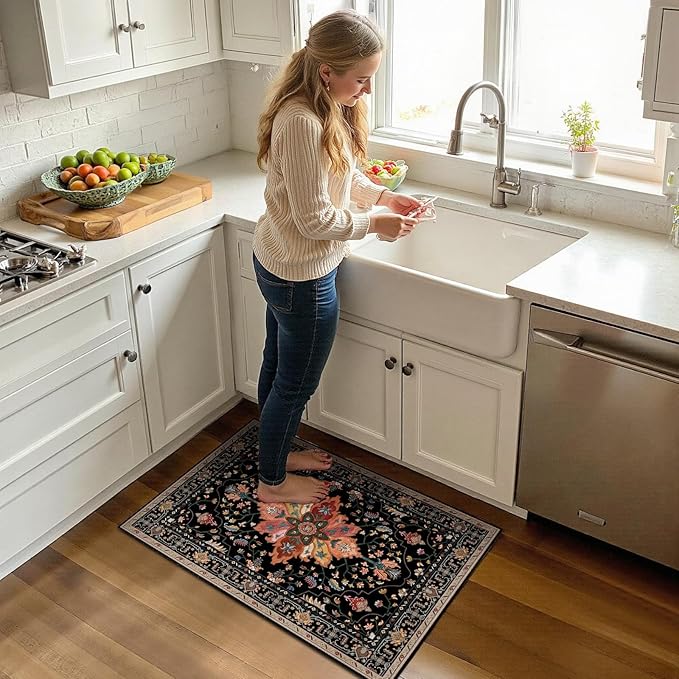 Area Rugs 2'x3' Kitchen Rugs Entry Rug Small Rugs for Entryway Kitchen Bathroom Door Mat Indoor Entrance,Washable Non Slip, Black Colorful Floral Dark Tan