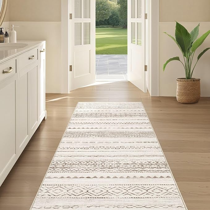 Nakagishi Runner Rug Kitchen Washable Rugs: 3x8 Non-Slip Boho Soft Modern Stain Resistant Indoor Floor Neutral Farmhouse Throw Carpet for Hallway Bathroom Laundry Room Entryway Bedroom- Brown
