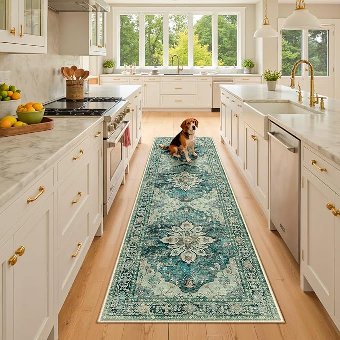 RELEANY Area Rugs 2'6''x8' Runner Rug Non Slip Washable for Kitchen Hallway Bedroom Beside Laundry Room Bathroom Rug, Floor Carpet, Dark Blue Vintage