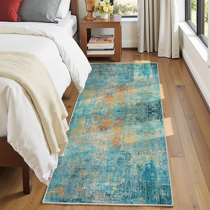 Washable Area Rugs 2'x6' Non-Slip Modern Abstract Soft for Living Room Entryway Bedroom Nursery, Print Pattern, Teal Blue Green Orange Rust Red Coloreful