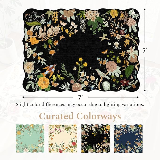Rugflix Scalloped Floral Rug for Entryway, 2x3 Washable Non-Slip Kitchen Area Rugs, Small Low Pile Indoor Door Mat, Soft Entrance Carpet for Bathroom Bedroom, Dark Black