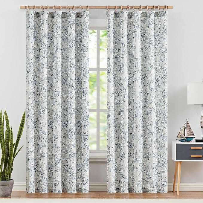 jinchan Floral Curtains 84 Inches Long Blue Flower Linen Farmhouse Curtain for Living Room French Country Vintage Curtain Rod Pocket Curtains Set 2 Panels Blue Floral Printed