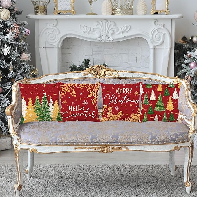 ONFAON Christmas Decorations - Christmas Pillow Covers 18 x 18 Inches Set of 4,Xmas Tree Throw Pillow Cases Winter Holiday Decor for Sofa Living Room