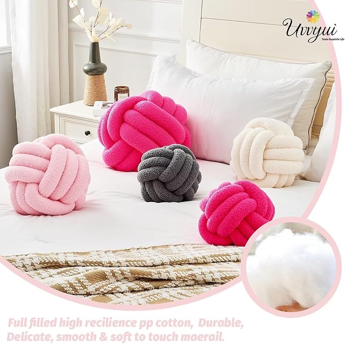 Uvvyui Knot Pillow Ball, Soft Home Decorative Pillows, Round Throw Pillow, Handmade Knotted Plush Pillow, Round Boucle Pillow Cushion (8.6 Inches Pink)
