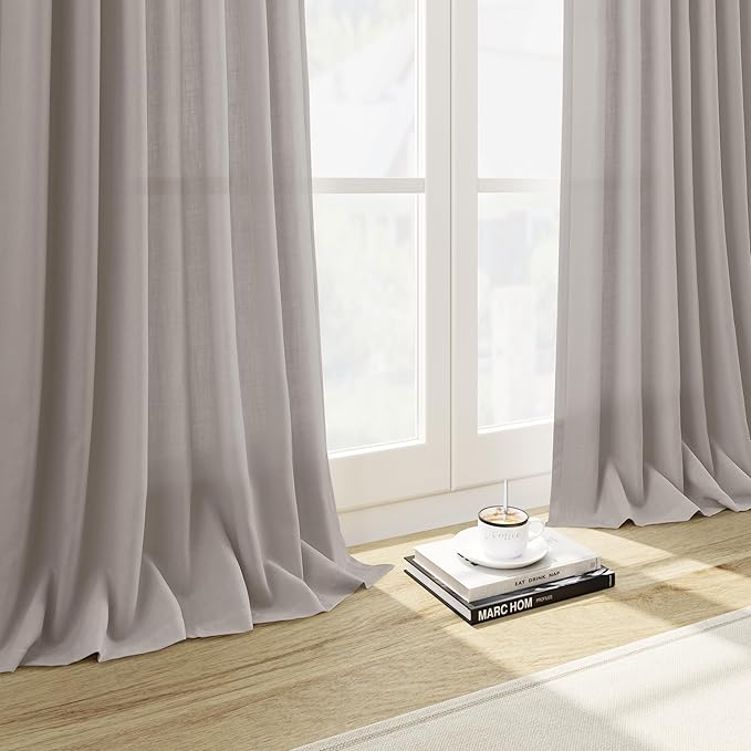 Stone Grey Linen Curtains 112 Inches Long for Living Room Simple Modern Light Filtering Semi Sheer Curtain Back Tab Rod Pocket Neutral Luxury Floor to Ceiling High Window for Bedroom 52x112, 2 Panels