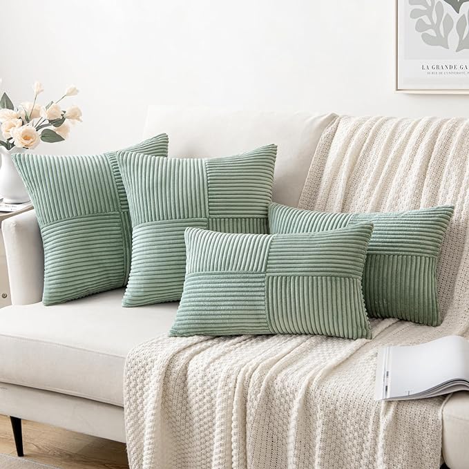 MIULEE Greyish Green Decorative Throw Pillow Covers 18x18 Inch for Couch Bed Sofa Spring Decor Pack of 2 Boho Farmhouse Throw Pillows Soft Cross Corduroy Patchwork Textured Cushion Cases