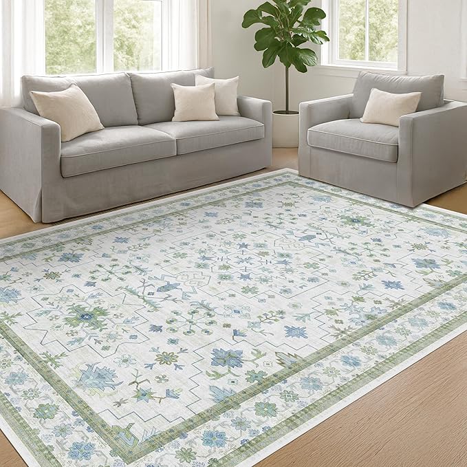 Hazo Haus Cream Oushak 6x9 Bedroom Rug - Boho Floral Cool Blue and Green, Washable Low Pile Non-Slip Ultra-Thin Large Area Rugs for Bed Room, Living Room, Playroom