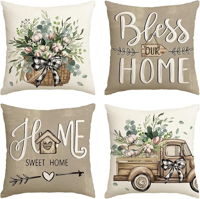 AVOIN colorlife Bless Our Home Farmhouse Eucalyptus Leaves Throw Pillow Covers, 18 x 18 Inch Truck Home Sweet Home Cushion Case Decorations Set of 4