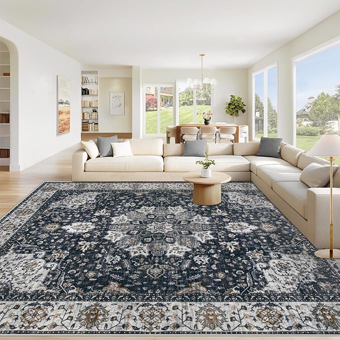 Area Rug 8x10 Washable Rug, Vintage Boho Medallion Rugs Non-Slip Soft Low Pile Large Distressed Rug Indoor Retro Carpet for Living Room Bedroom Dining Room Home Office (Vintage Black, 8'x10')