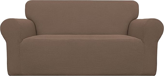 Easy-Going Stretch Loveseat Slipcover 1-Piece Sofa Cover Furniture Protector Couch Soft with Elastic Bottom for Kids Polyester Spandex Jacquard Fabric Small Checks (Loveseat, Brown)