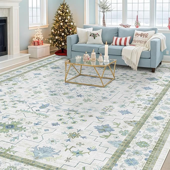 Hazo Haus Blue and Green Living Room Rug 8x10 - Cream Oushak Vintage Boho Floral Farmhouse, Washable Low Pile Non-Slip Extra Large Area Rugs for Bedroom, Girls, Boys, Playroom, Lounge