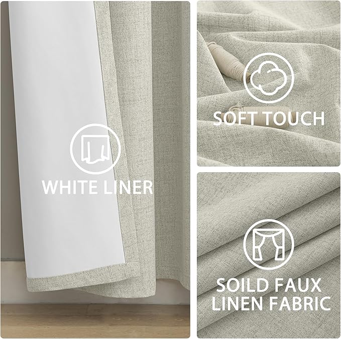 Yakamok Cream Linen Curtains 100% Blackout 96 Inches Long,Room Darkening Textured Curtains for Living Room Thermal Grommet Bedroom Curtain 2 Panels with Greyish White Liner