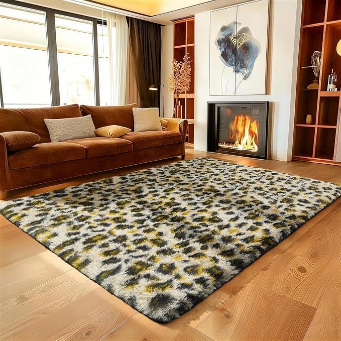 Ophanie Leopard Rugs for Living Room Bedroom, Fluffy Soft Fuzzy Cheetah Print Area Rug, Plush Shaggy Bedside Floor 5x8 Furry Carpet for Kids Baby Teen Dorm Nursery Home Decor Aesthetic