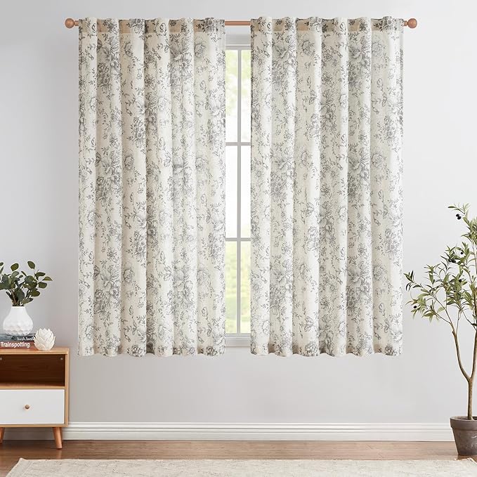 jinchan Linen Blend Curtain Floral Curtains for Living Room 54 Inch Length Grey Printed Curtain Rod Pocket Back Tab Farmhouse Peony Flower Patterned Drapes Bedroom Window Curtains Set 2 Panels