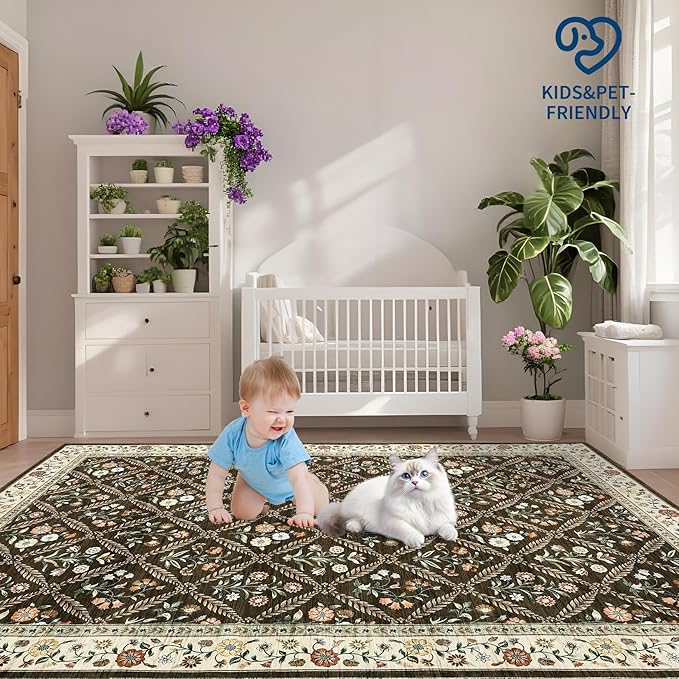 Runner Rug for Hallway Entryway 2.5x8 Farmhouse Floral Non-Slip Machine Washable Kitchen Rug Runner Non-Shedding Low-Pile Soft Long Carpet for Entrance Laundry Room Brown