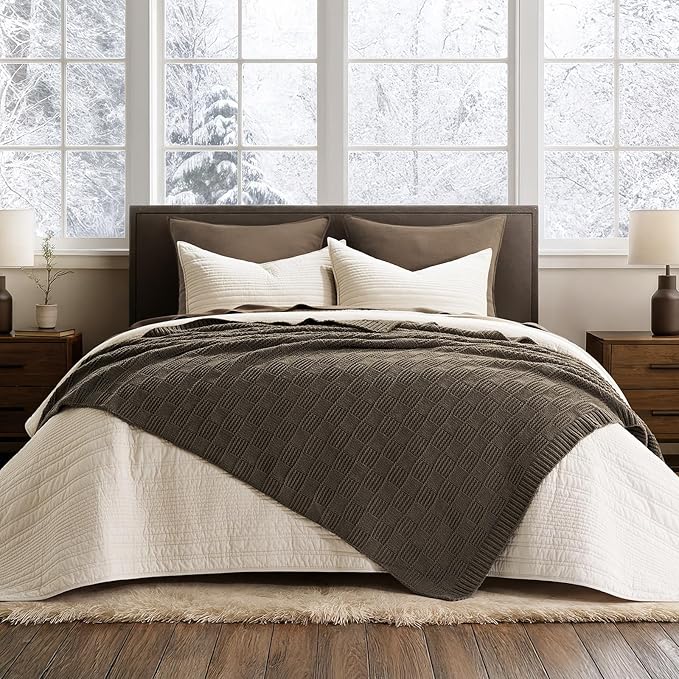 EVERGRACEHOME Modern Checkered Chenille Throw Blanket, Soft Cozy Plaid Knitted Blanket for Sofa & Couch, Decorative Knit Throw for Bed and Living Room, Mocha Brown, 60" x 80"