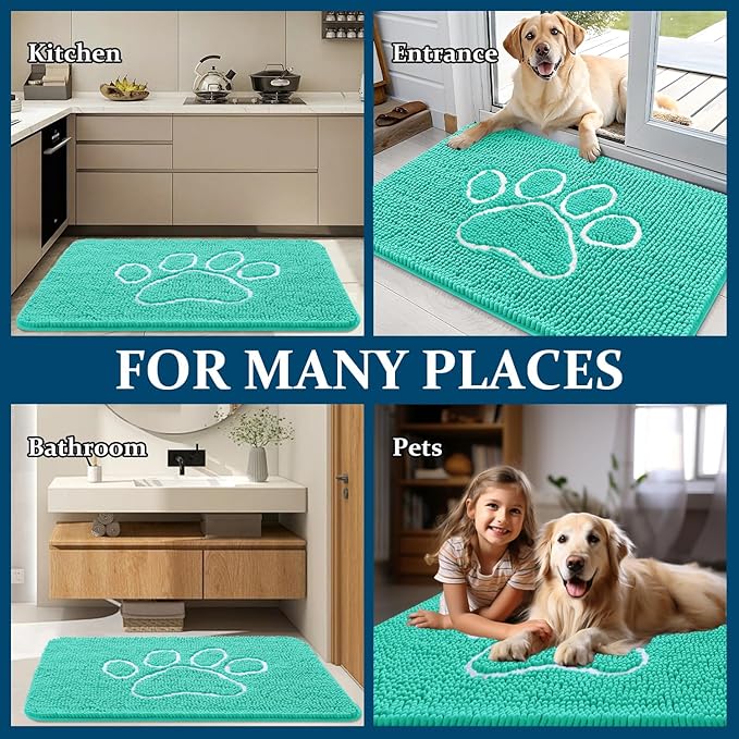 OLANLY Dog Door Mat for Muddy Paws 40x32, Paw Print Design, Absorbs Moisture and Dirt, Absorbent Non-Slip Washable Doormat, Quick Dry Chenille Mud Mat for Dogs, Entry Indoor Entryway Carpet, Teal