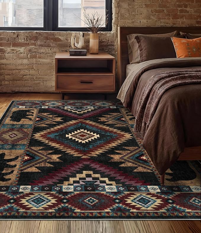 YIHOUSE Rustic Cabin Area Rug 4x6,Machine Washable Lodge Bear Rug,Non-Slip Low Pile Print Pattern Western Aztec Rug for Living Room Bedroom