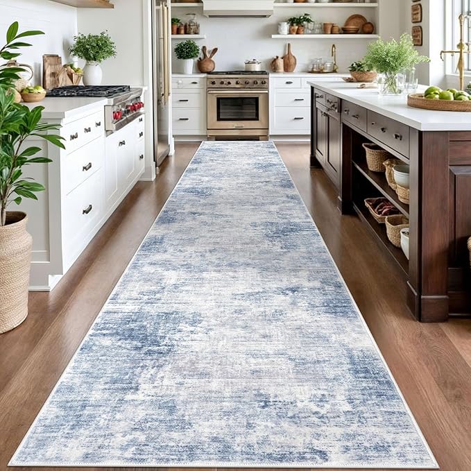 IOHOUZE Abstract Runner Rug 3x16 Ft Washable Runners for Hallways, Non Slip Kitchen Runner Printed Faux Wool Entryway Runner Indoor, Modern Abstract Floor Carpet for Hall Stair, Light Blue Grey