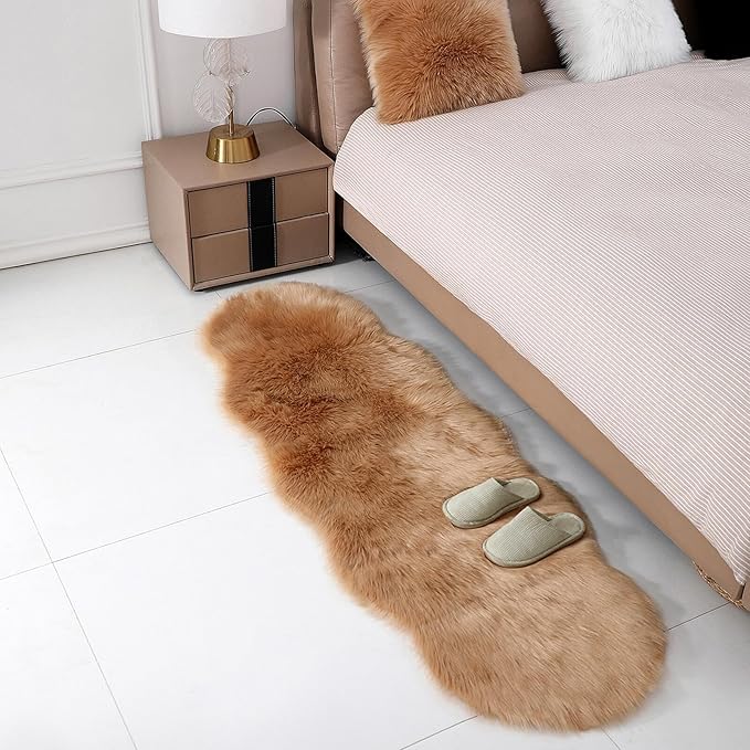 linmopm Faux Fur Rug Sheepskin Shag Fluffy Fuzzy Beige 2x6 ft Runner Rugs for Bedroom Bedside Bed Floor Living Room Plush High-Density Cushion Carpet Super Sofa Cover