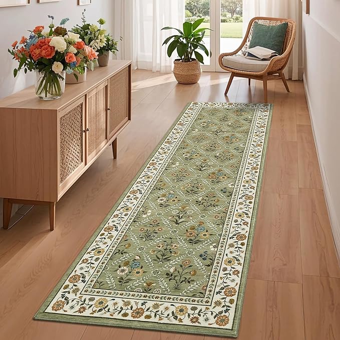 Washable Kitchen Runner 2x6 Non-Slip Floral Carpet Runner for Entryway Indoor Ultra Soft Stain Resistant Long Rugs Farmhouse Floor Mat for Hallways Laundry Bedroom Green