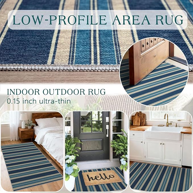 Striped Outdoor Rug - 28" x 43" Front Door Mat Indoor Outside Entrance Non-Slip Washable Outdoor Mat Navy Blue Coastal Rug for Entryway Kitchen Bedroom Welcome Layered Doormat for Front Porch
