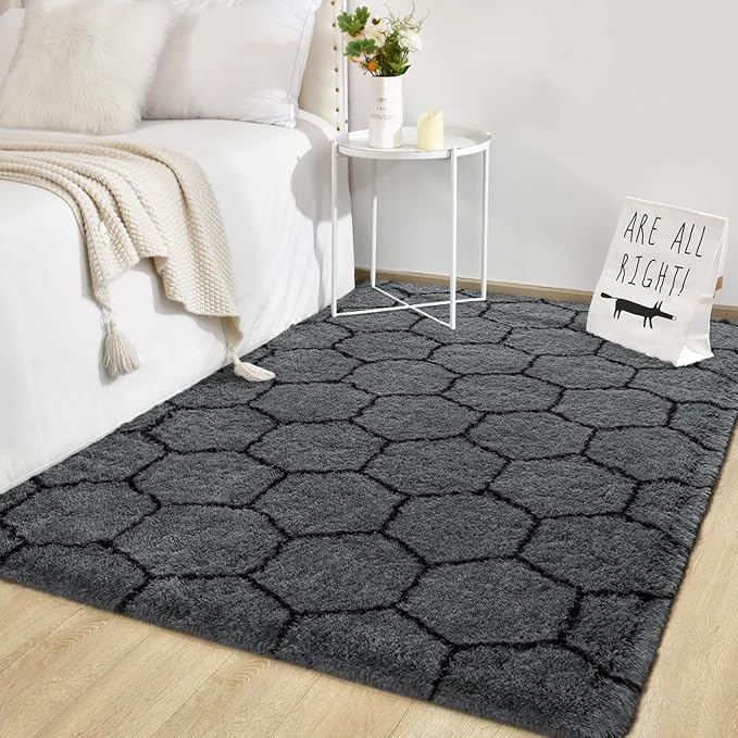 TWINNIS Super Soft Shaggy Rugs Fluffy Carpets, 5x8 Feet, Indoor Modern Plush Area Rugs for Living Room Bedroom Kids Room Nursery Home Decor, Upgrade Anti-Skid Rectangular Fuzzy Rug, Dark Gray