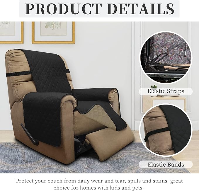 ISSUNTEX Double Protection 100% Waterproof Recliner Covers for Living Room, Reversible Furniture Protector Recliner Couch Sofa Slipcover for Dogs, Pets, Kids (Recliner, Black/Beige)