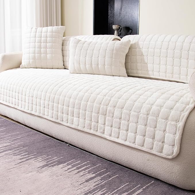 Velvet Couch Cover, Washable Sectional Sofa Cover, Anti Slip Sofa Slipcovers for 3 Cushion Couch Sofa L Shaped Recliner, Furniture Protector Covers for Pets Kids(White, Only 1 PCS)